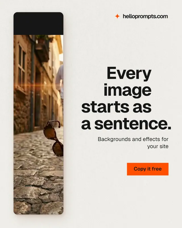 Instagram portrait post for HelloPrompts: "Every image starts as a sentence." Swiss style, right layout, light palette in white, orange.