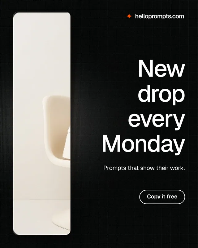 Instagram portrait post for HelloPrompts: "New drop every Monday". Phosphor atlas style, right layout, dark palette in orange, black.
