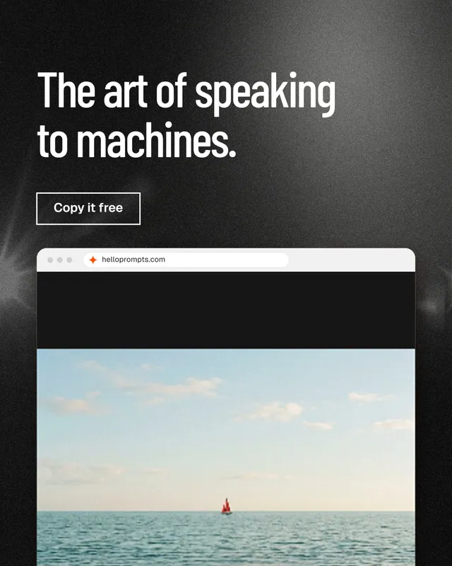 Instagram portrait post for HelloPrompts: "The art of speaking to machines." Dark deco style, browser layout, dark palette in black, white, grey.