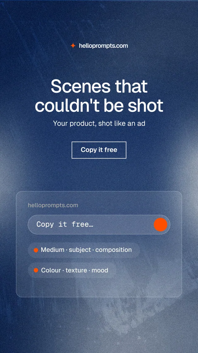 Instagram story for HelloPrompts: "Scenes that couldn't be shot". Cyanotype style, centred layout, dark palette in grey, blue.