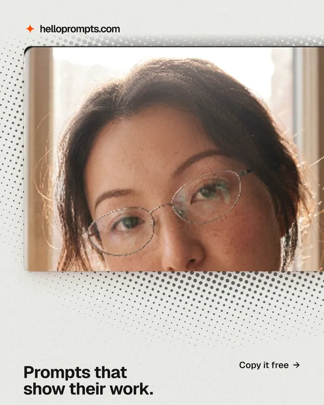 Instagram portrait post for HelloPrompts: "Prompts that show their work." Swiss style, image led layout, light palette in white, orange.