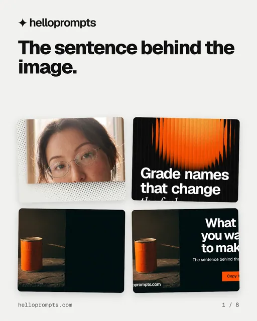 Carousel for HelloPrompts: "The sentence behind the image.". Collection carousel, 8 slides, light palette.