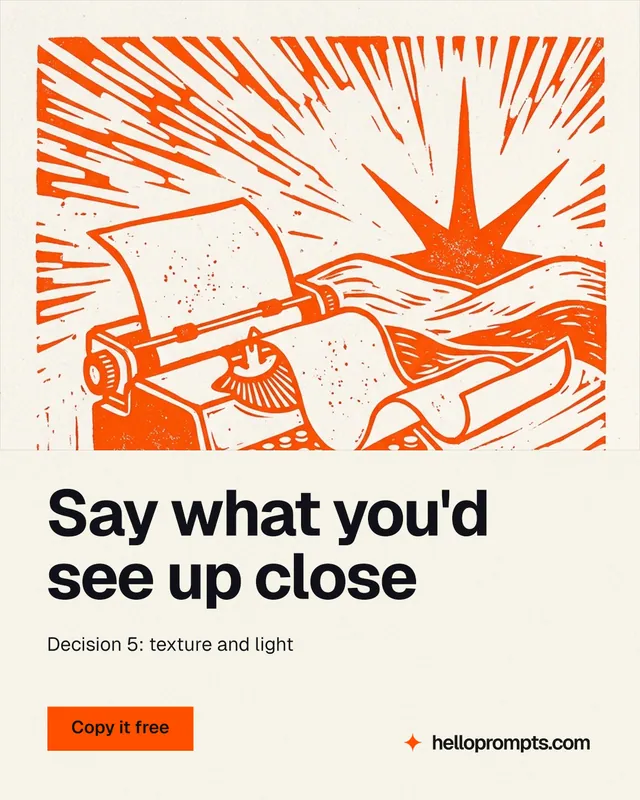 Instagram portrait post for HelloPrompts: "Say what you'd see up close". Swiss style, bottom layout, light palette in white, orange.