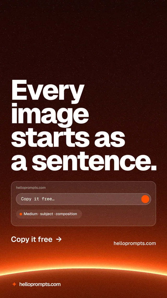 Instagram story for HelloPrompts: "Every image starts as a sentence." Turn card style, poster layout, dark palette in red, black, orange.