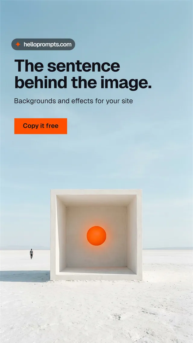Instagram story for HelloPrompts: "The sentence behind the image." Swiss style, bottom layout, light palette in blue, grey, white.