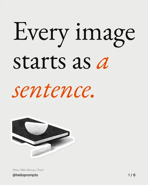 Carousel for HelloPrompts: "Every image starts as a sentence.". Cutout essay, 6 slides, light palette.