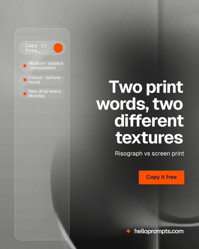 Instagram portrait post for HelloPrompts: "Two print words, two different textures". Swiss style, right layout, light palette in black, grey.