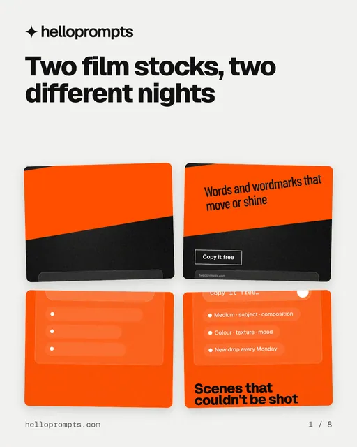 Carousel for HelloPrompts: "Two film stocks, two different nights". Collection carousel, 8 slides, light palette.
