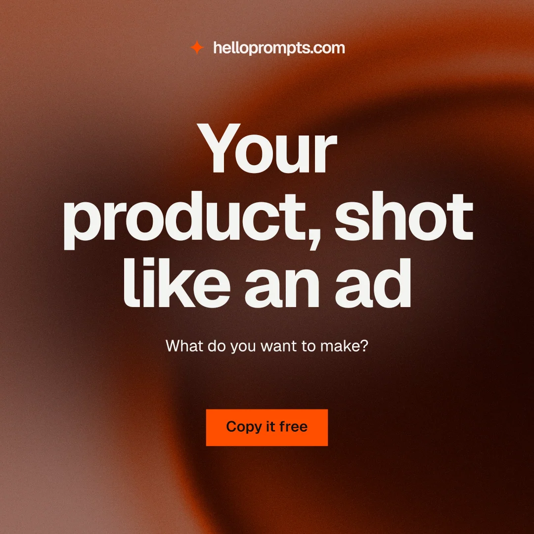 Instagram post for HelloPrompts: "Your product, shot like an ad". Swiss style, centred layout, dark palette in red, black, orange.