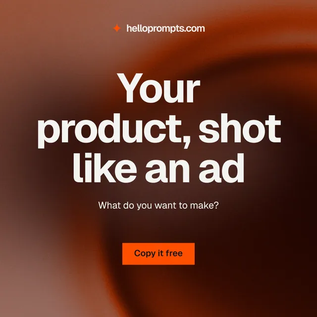 Instagram post for HelloPrompts: "Your product, shot like an ad". Swiss style, centred layout, dark palette in red, black, orange.