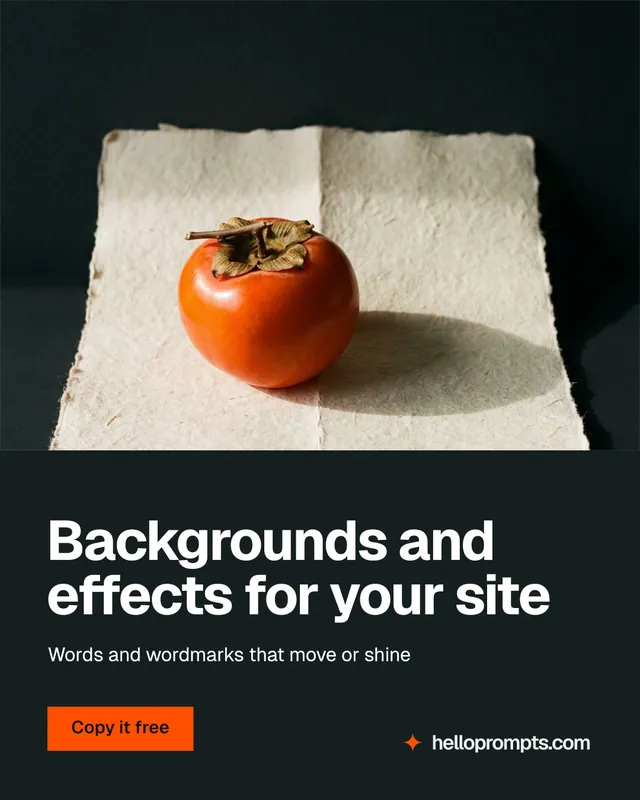 Instagram portrait post for HelloPrompts: "Backgrounds and effects for your site". Swiss style, bottom layout, dark palette in black, orange, grey.