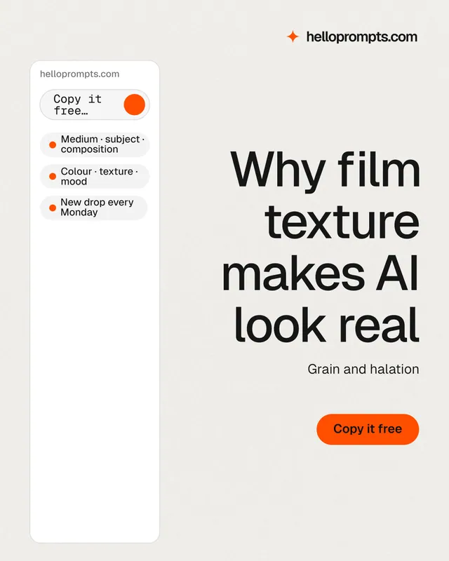 Instagram portrait post for HelloPrompts: "Why film texture makes AI look real". Data card style, right layout, light palette in white, grey.