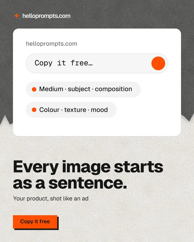 Instagram portrait post for HelloPrompts: "Every image starts as a sentence." Paper trio style, bottom layout, light palette in white, grey.