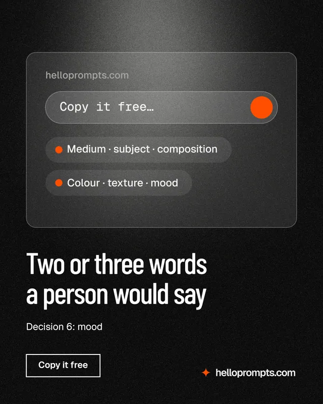 Instagram portrait post for HelloPrompts: "Two or three words a person would say". Dark deco style, bottom layout, dark palette in black, grey.