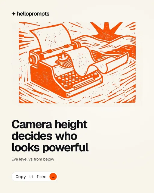Video for HelloPrompts: "Camera height decides who looks powerful". Doc motion loop, 6.0 s, light palette.