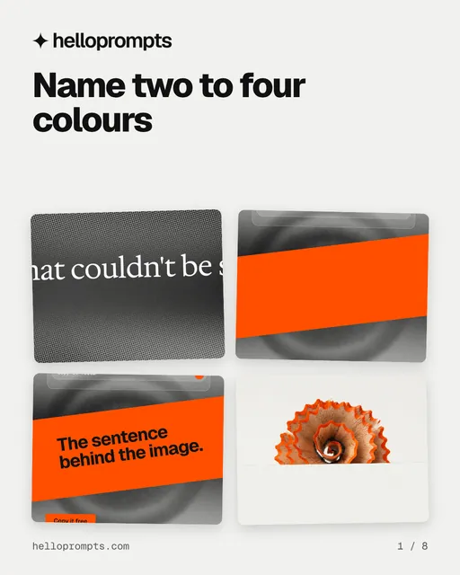 Carousel for HelloPrompts: "Name two to four colours". Collection carousel, 8 slides, light palette.
