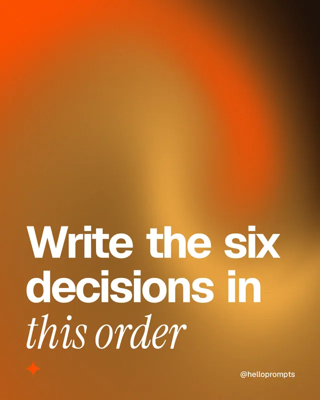 Instagram portrait post for HelloPrompts: "Write the six decisions in this order". Auto 4x5 style, technique:shader field layout, light palette in orange, brown.
