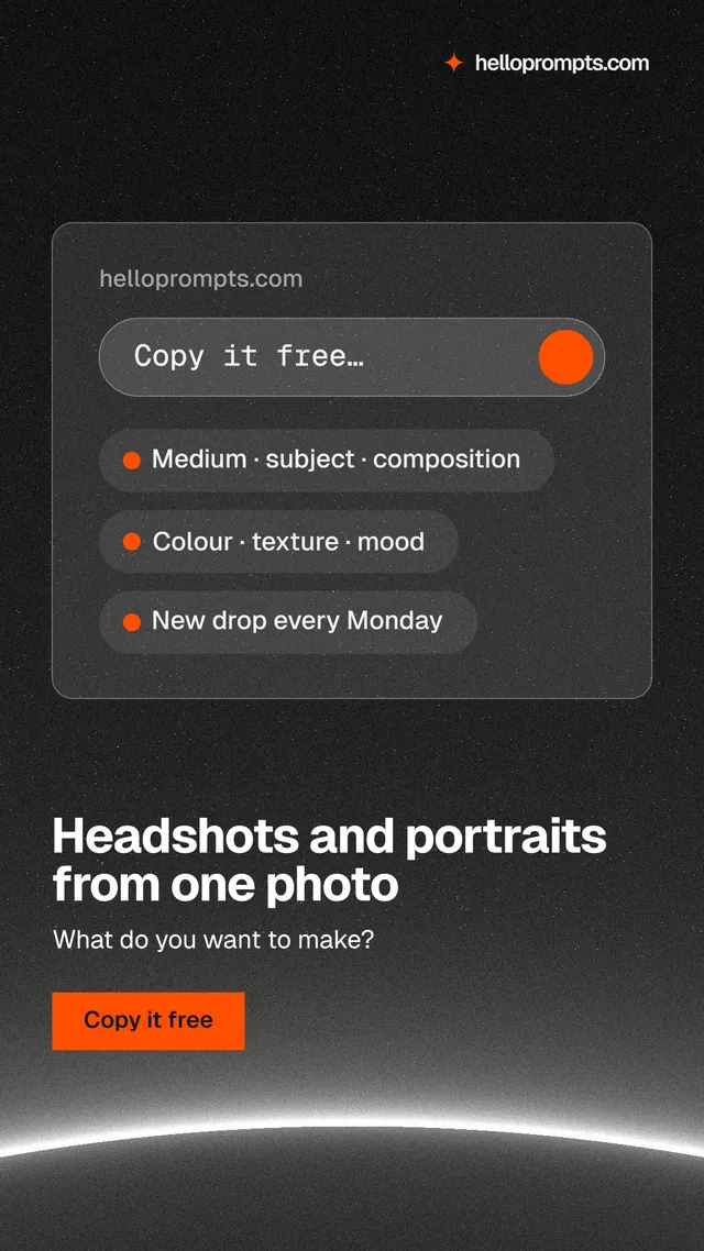 Instagram story for HelloPrompts: "Headshots and portraits from one photo". Swiss style, bottom layout, dark palette in black, grey.