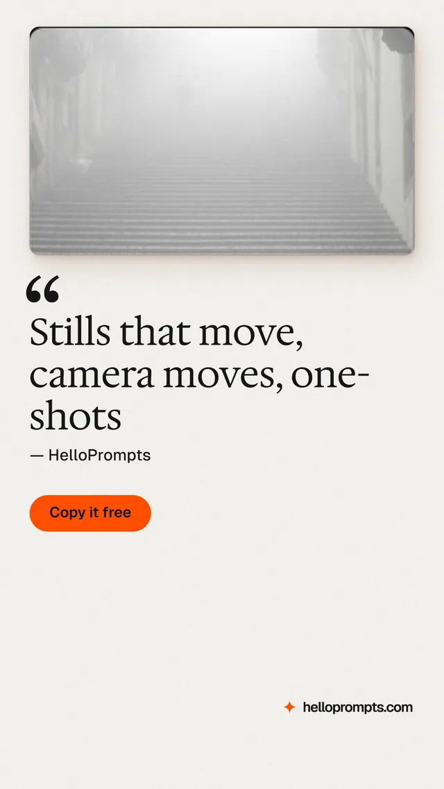 Instagram story for HelloPrompts: "Stills that move, camera moves, one-shots". Data card style, quote layout, light palette in white, grey.