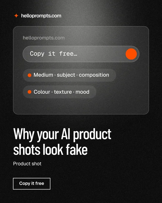 Instagram portrait post for HelloPrompts: "Why your AI product shots look fake". Dark deco style, bottom layout, dark palette in black, grey.