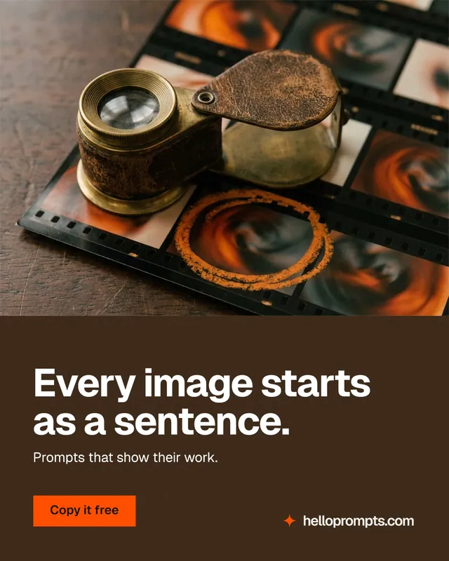 Instagram portrait post for HelloPrompts: "Every image starts as a sentence." Swiss style, bottom layout, dark palette in orange, black, grey.