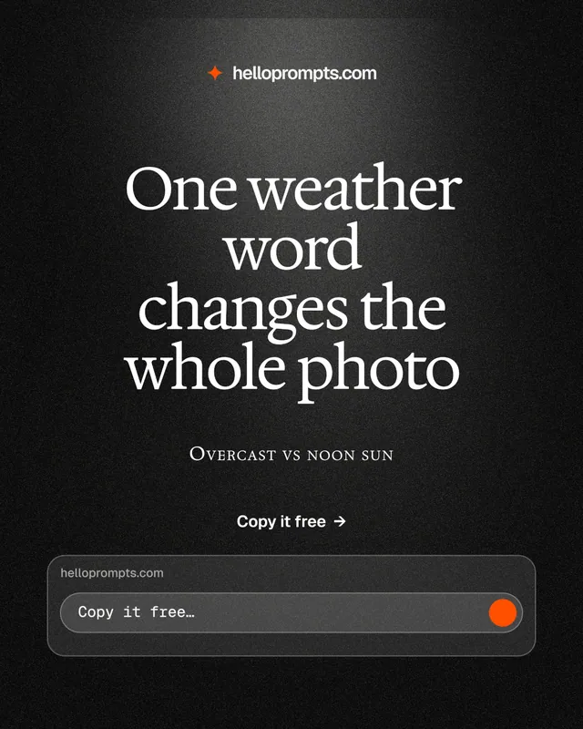 Instagram portrait post for HelloPrompts: "One weather word changes the whole photo". Dark deco style, smallcaps layout, dark palette in black, grey.