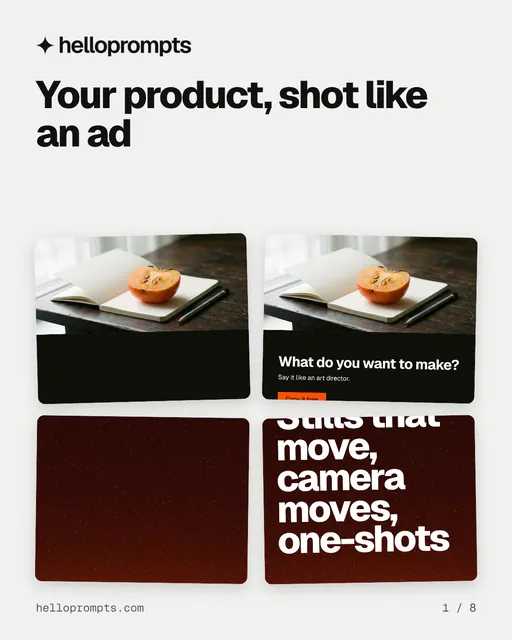 Carousel for HelloPrompts: "Your product, shot like an ad". Collection carousel, 8 slides, light palette.