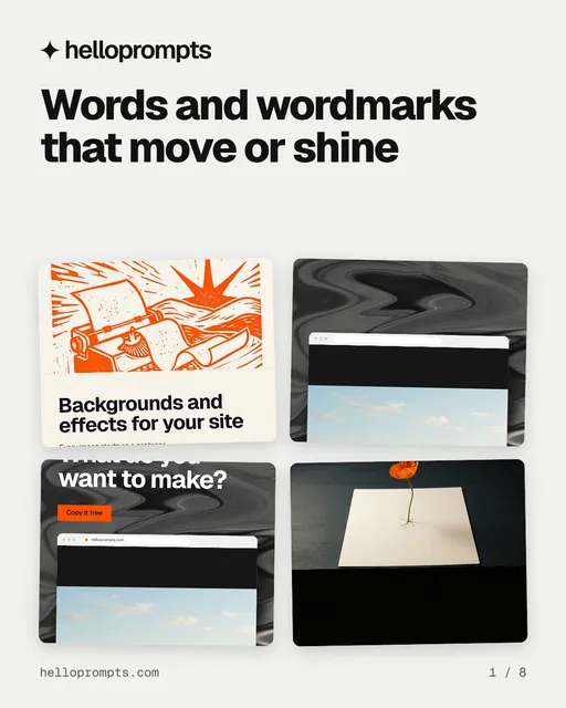 Carousel for HelloPrompts: "Words and wordmarks that move or shine". Collection carousel, 8 slides, light palette.