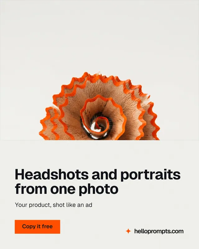 Instagram portrait post for HelloPrompts: "Headshots and portraits from one photo". Swiss style, bottom layout, light palette in white, brown.