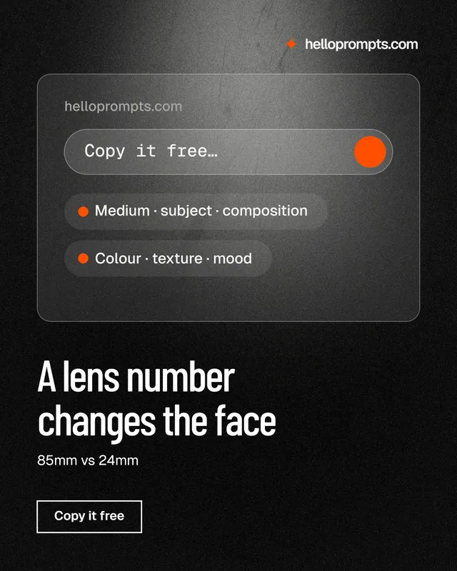 Instagram portrait post for HelloPrompts: "A lens number changes the face". Dark deco style, bottom layout, dark palette in black, grey.