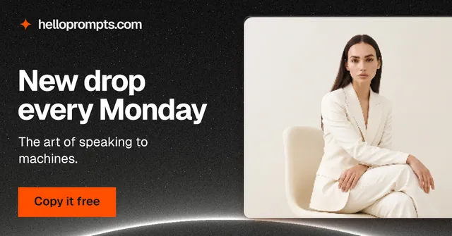 Social ad for HelloPrompts: "New drop every Monday". Swiss style, bottom layout, light palette in black, orange, grey.