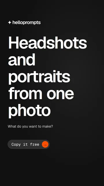 Video for HelloPrompts: "Headshots and portraits from one photo". Doc motion loop, 7.0 s, dark palette.