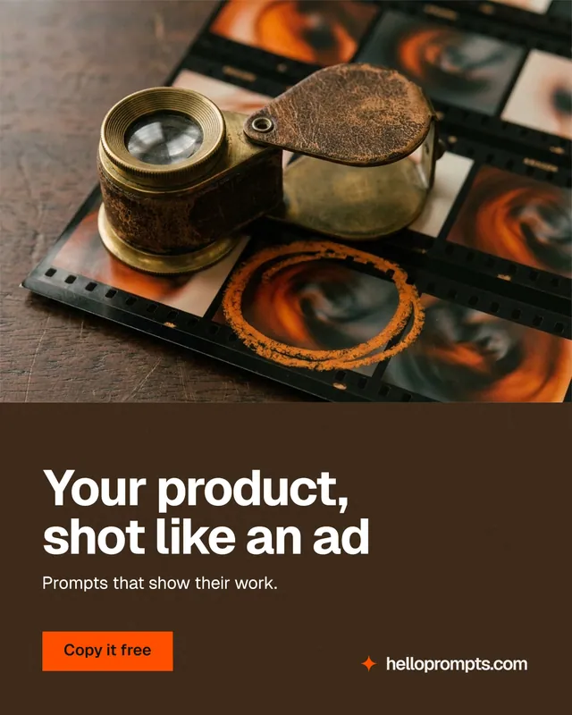 Instagram portrait post for HelloPrompts: "Your product, shot like an ad". Swiss style, bottom layout, dark palette in orange, black, grey.