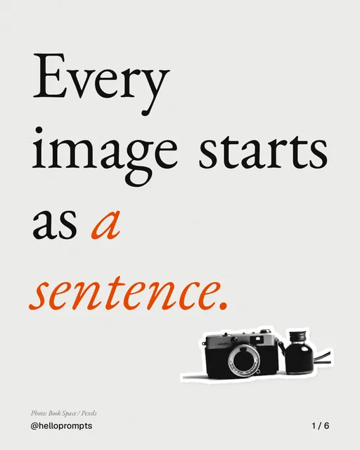 Carousel for HelloPrompts: "Every image starts as a sentence.". Cutout essay, 6 slides, light palette.