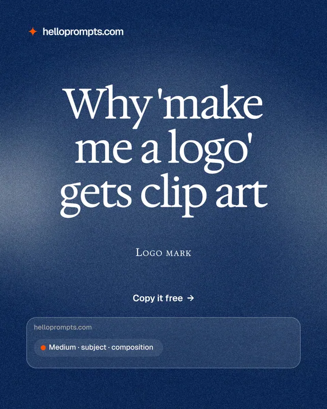 Instagram portrait post for HelloPrompts: "Why 'make me a logo' gets clip art". Cyanotype style, smallcaps layout, dark palette in blue, grey.