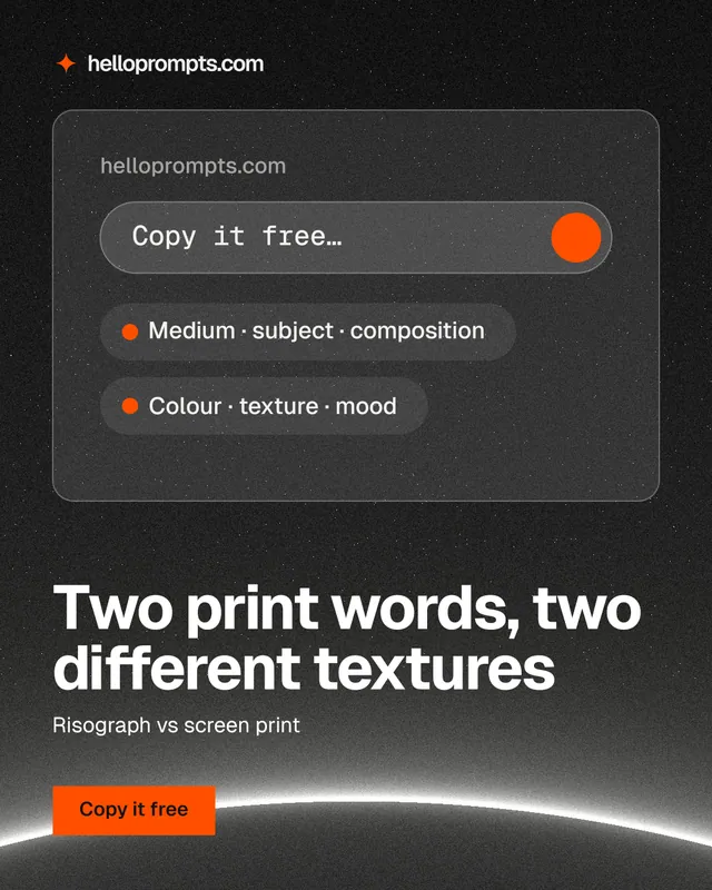 Instagram portrait post for HelloPrompts: "Two print words, two different textures". Swiss style, bottom layout, dark palette in black, grey.