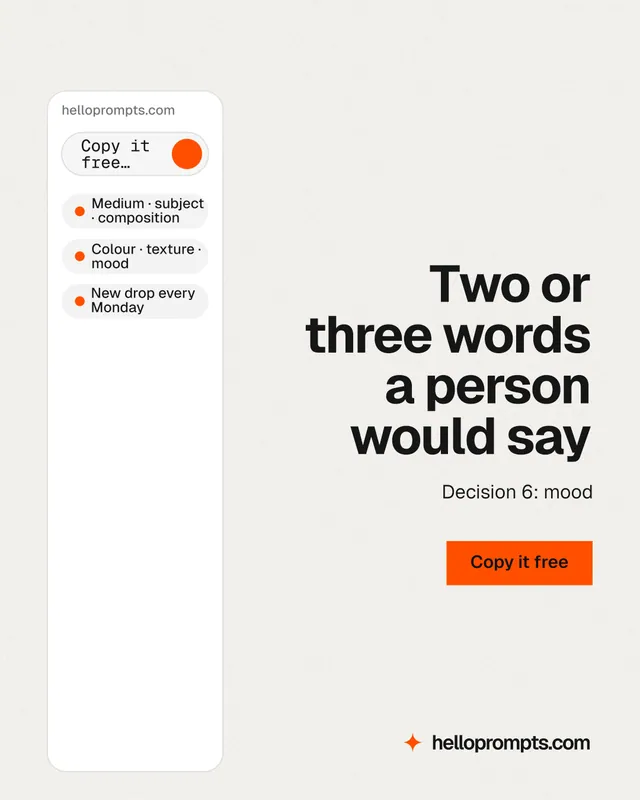 Instagram portrait post for HelloPrompts: "Two or three words a person would say". Swiss style, right layout, light palette in white.