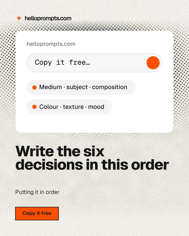 Instagram portrait post for HelloPrompts: "Write the six decisions in this order". Ink sticker style, bottom layout, light palette in white, grey.