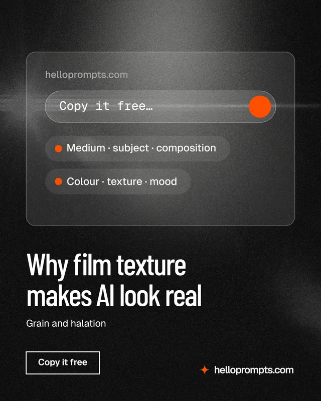 Instagram portrait post for HelloPrompts: "Why film texture makes AI look real". Dark deco style, bottom layout, dark palette in grey, black.