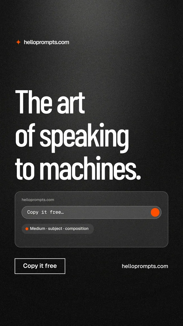 Instagram story for HelloPrompts: "The art of speaking to machines." Dark deco style, poster layout, dark palette in black, grey.