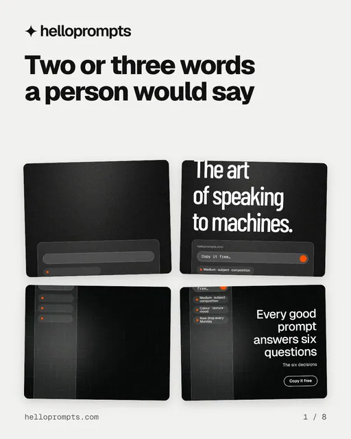 Carousel for HelloPrompts: "Two or three words a person would say". Collection carousel, 8 slides, light palette.