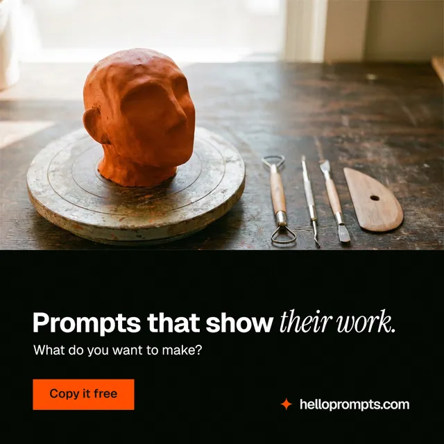 Instagram post for HelloPrompts: "Prompts that show their work." Swiss style, bottom layout, dark palette in white, black, orange.