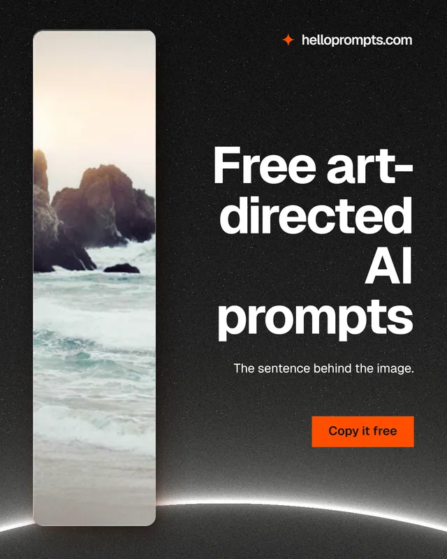 Instagram portrait post for HelloPrompts: "Free art-directed AI prompts". Swiss style, right layout, dark palette in grey, black.