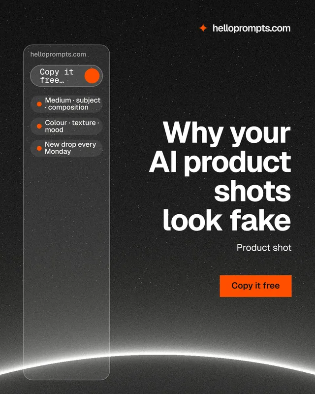 Instagram portrait post for HelloPrompts: "Why your AI product shots look fake". Swiss style, right layout, dark palette in black, grey.