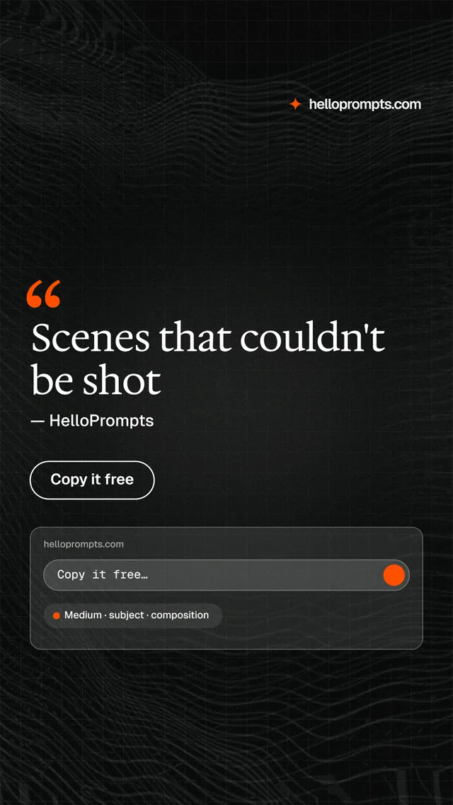 Instagram story for HelloPrompts: "Scenes that couldn't be shot". Phosphor atlas style, quote layout, dark palette in black.