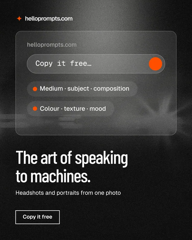 Instagram portrait post for HelloPrompts: "The art of speaking to machines." Dark deco style, bottom layout, dark palette in grey, black.