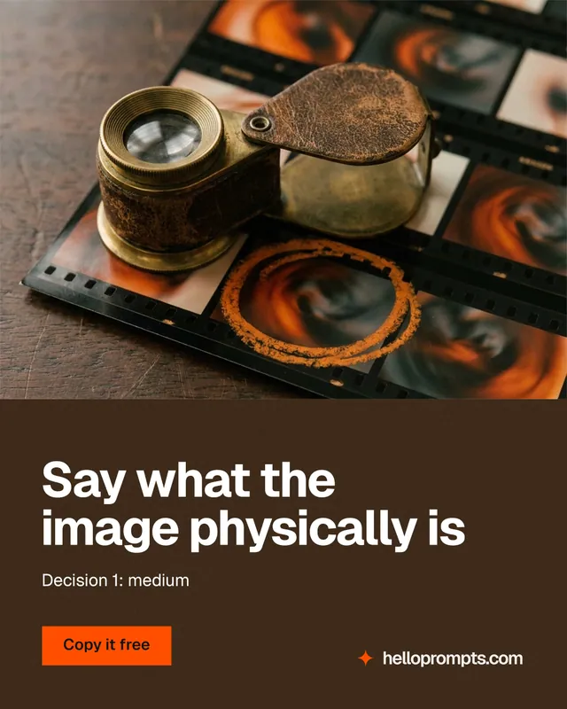 Instagram portrait post for HelloPrompts: "Say what the image physically is". Swiss style, bottom layout, dark palette in orange, black, grey.