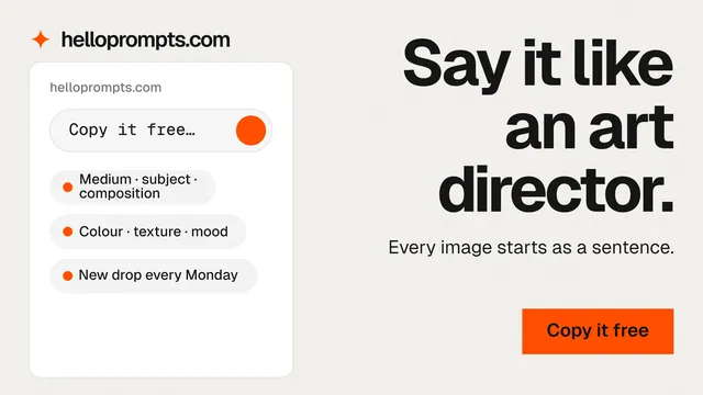Landscape graphic for HelloPrompts: "Say it like an art director." Swiss style, right layout, light palette in white, grey.