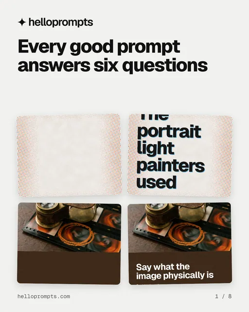 Carousel for HelloPrompts: "Every good prompt answers six questions". Collection carousel, 8 slides, light palette.
