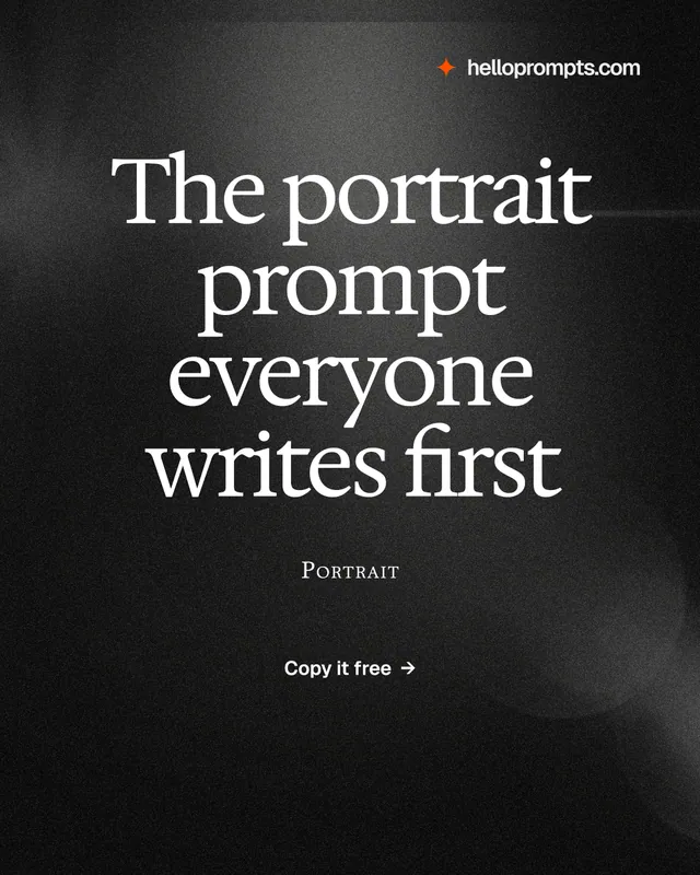 Instagram portrait post for HelloPrompts: "The portrait prompt everyone writes first". Dark deco style, smallcaps layout, dark palette in black, grey.